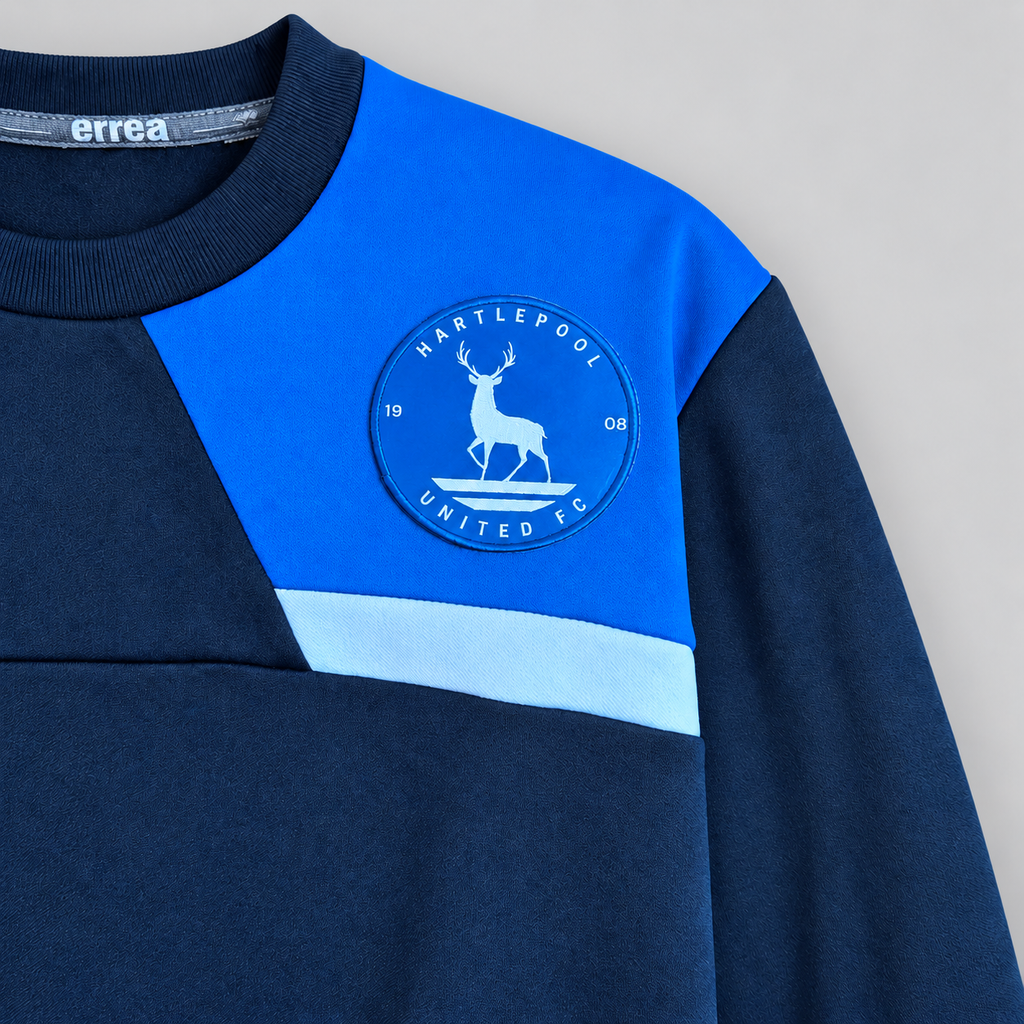 Hartlepool United FC Erreà Training Sweatshirt – Navy & Blue – Suit Direct Sponsor – Men’s Medium - Shep's Retro