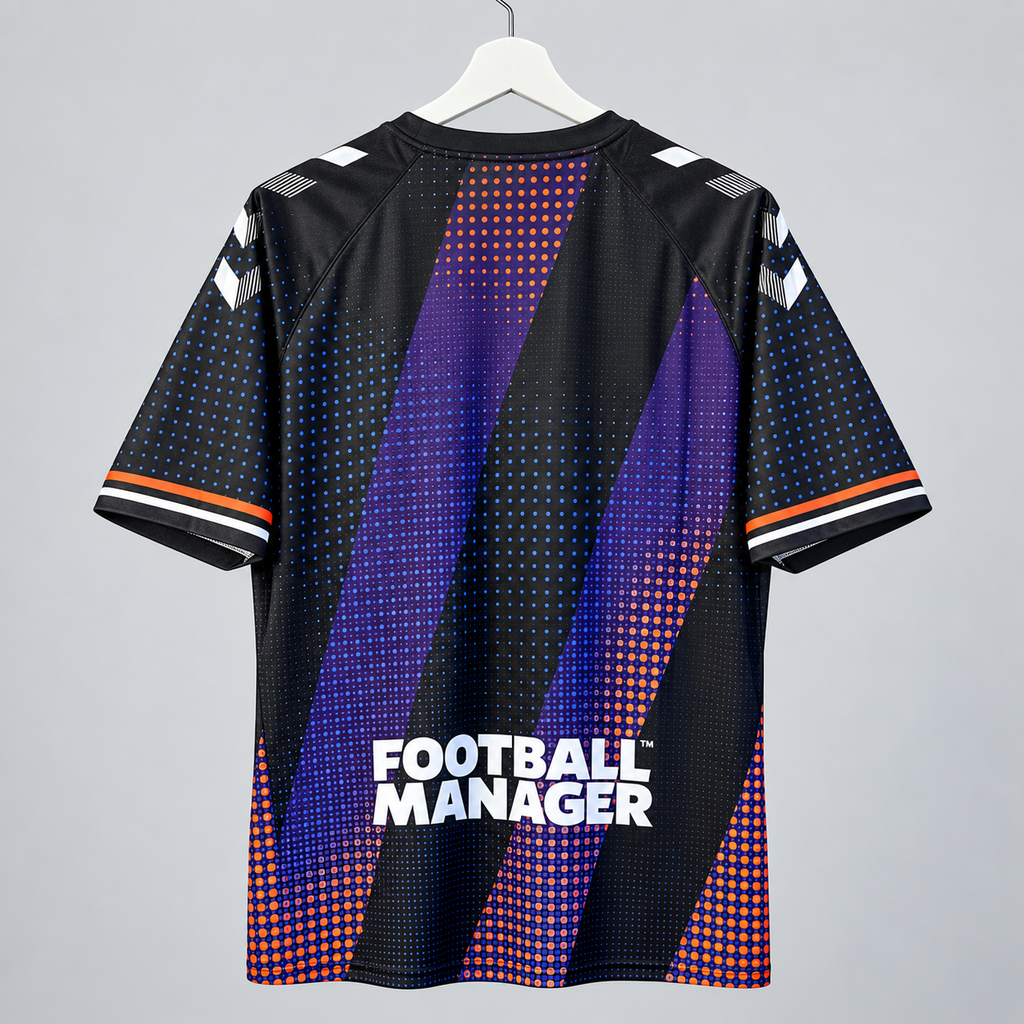Football Manager 2024 Special Edition Hummel Shirt – Black/Purple/Orange – Size XL - Shep's Retro