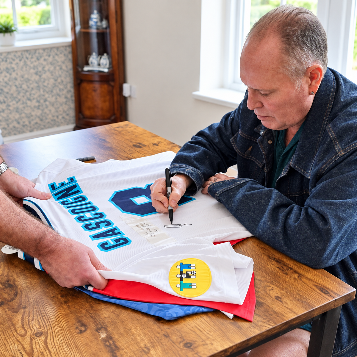 Paul Gascoigne in a dark denim jacket signs a white football jersey with blue lettering and numbers, while another person holds a stack of signed jerseys on a wooden table in a home setting.