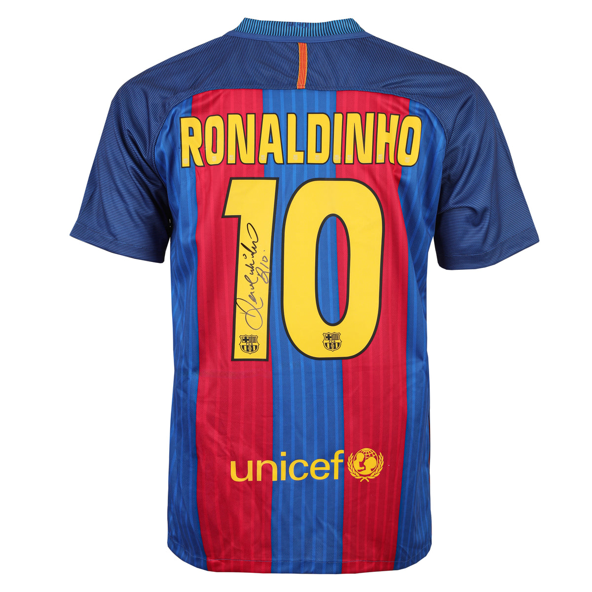 Back view of a FC Barcelona home soccer jersey featuring Ronaldinho's name and number 10 in yellow, with a blue and red vertically striped design and a UNICEF logo at the bottom.